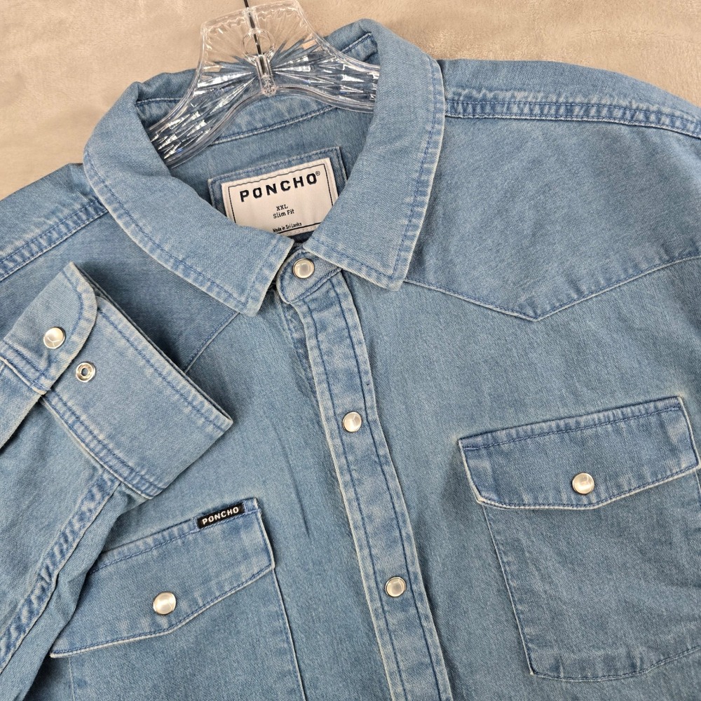 Poncho Denim Western Shirt Mens XXL Slim Blue Denim Pearl Snap Long Sleeve